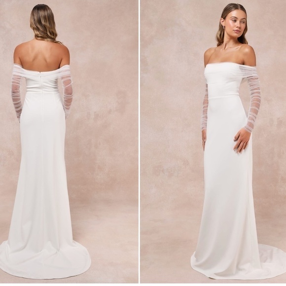 LULU's Beautifully Elegant Beloved White Mesh Off-the-Shoulder Bridal Gown - Picture 1 of 4
